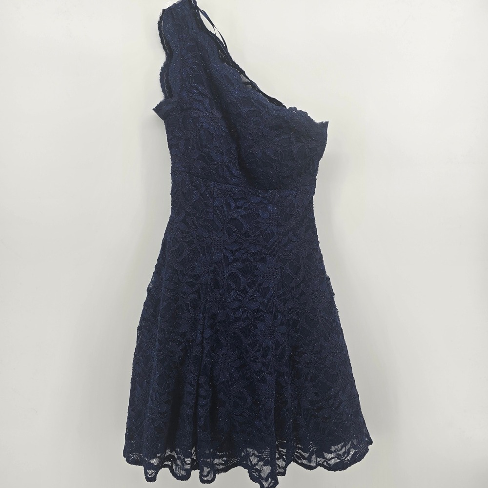 Morgan & Co Womens Navy Blue Glitter Lace One Shoulder Skater Dress Size 3/4